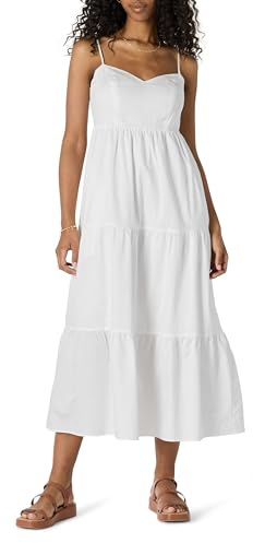 Amazon Essentials Vestido Largo Entallado y Escote Corazón con Vuelo con Capas de Satén de Algodón con Cintura de Corte Imperio Mujer, Blanco, XL