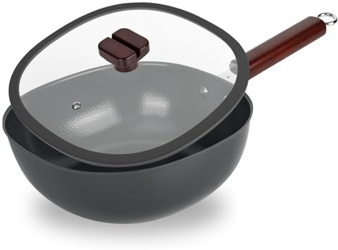 YHNDECO Padella in ferro forgiato, 24 cm, non rivestita, in ferro forgiato a mano, con coperchio in vetro, Big Belly Pot, padella in ferro giapponese forgiata per fornelli a gas e induzione