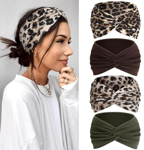 Kavya Headbands for Women's Hair Hair Bands 4-Pack – Wide Thin Elastic Boho Tie Dye Knotted Head Band Vintage Hairband for sports, Yoga, Makeup, Spa & Fashion Accessories (Brown)