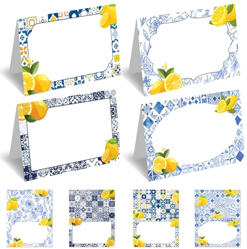 Juego de 48 tarjetas de lugar con temática de limón Capri - Decoración de fiesta de la costa de Amalfi y limón para bodas, cenas, despedidas de soltera - 4 diseños, tarjetas de lugar de papel premium