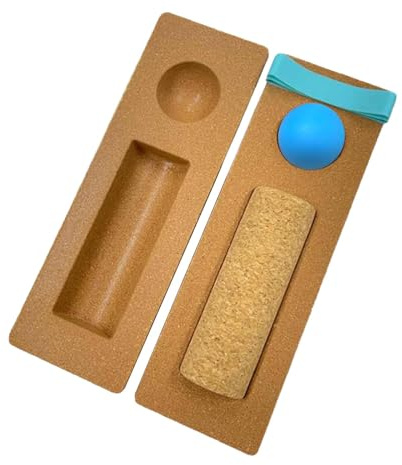 Balance Board in Sughero e Silicone 30cm x 10cm (11.8 x 3.9) con Rullo, Palla e Fasce di Resistenza per Fitness, Mobilità e Massaggio