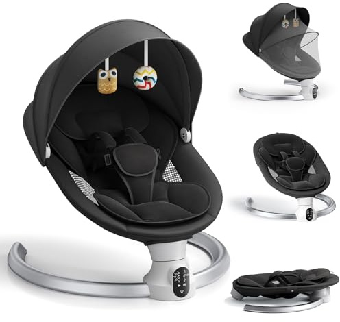 Electric Baby Swing, Bluetooth Baby Swing with App & Remote Control, 5 Swing Angles & 3 Timer Settings, Portable Newborn Swing with USB Power, Ergonomic Baby Bouncer for 0-6 Months (0-20 lbs) - Black
