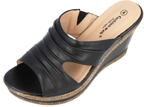 Ladies Leather Lined Peep Toe Mid Wedge Mule Sandals (Black, Numeric_8)