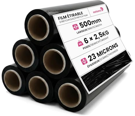Netuno 6x rollo de film estirable negro 2,5 kg peso ancho 50 cm espesor 23 µm lámina elástica película de polietileno retráctil para embalar paletas paquetes cajas mudanzas transporte almacenaje