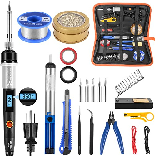 MotyGarlo Soldering Iron Kit, 80W LCD Digital Soldering Gun with Adjustable Temperature Controlled, ON-Off Switch, 5pcs Soldering Tips, Solder Wire Tube, Desoldering Pump, 14pcs Welding Tool