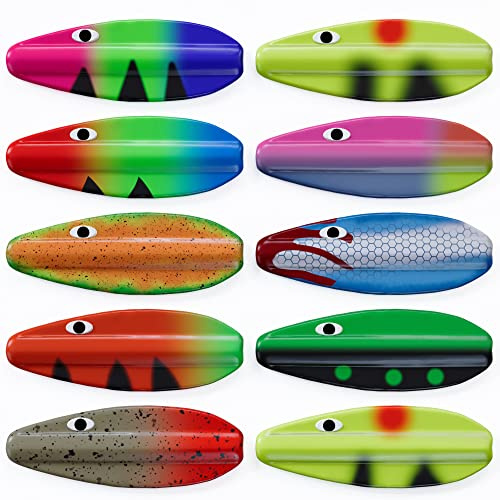 Njord Kalastus Lot de 10 clignotants de passage dans une boîte de 3,9 g | Cuillère en ligne pour truite UV et yeux 3D auto-éclairants | Clignotant de passage pour truite Inliner Spoon en ligne