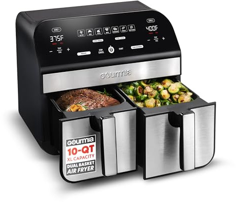 Gourmia Dual Basket Air Fryer - 10 Qt Large Capacity, FryForce360º, Digital Display with 7 Presets, Roast, Bake, Broil, Dehydrate, Match Cook, Sync Finish, Dishwasher Safe Accessories, Black