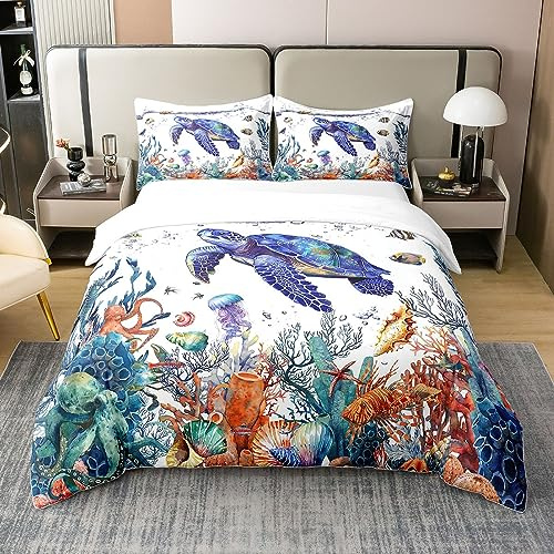 Juego de ropa de cama de verano 100 % algodón, 155 x 220 cm, juego de ropa de cama para jóvenes, tortugas y medusas, funda de edredón con 1 funda de almohada
