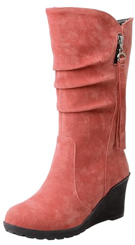 rismart Stivali Western Donna Polpaccio Medio Tacco a Zeppa Foderato con pelliccia sottile Camoscio Scarpe Invernali Fucsia,40