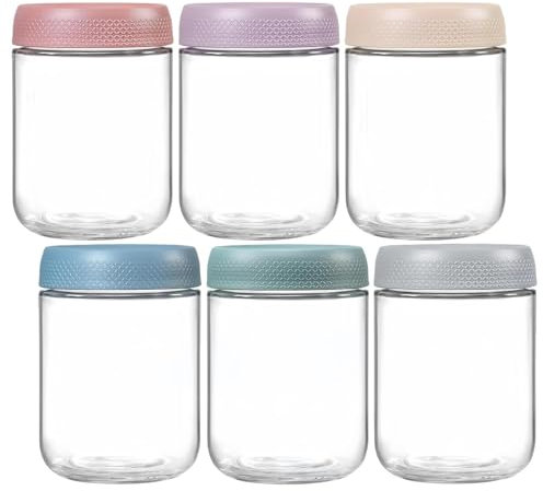 Eidoct 6-Pack 16 oz Glass Jar with Screw Lid Leakproof Overnight Oats Container, Yogurt Jars, Oatmeal Salad Jars, for Cereals Milk Fruit Condiment Dressing Sauce Snacks Juice, 6 Colors(6-Pack 480ml)