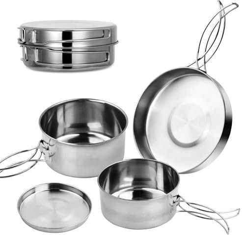 Dokeno 4 Teilige Camping Geschirr Set,Camping Kochgeschirr Set,Edelstahl Outdoor Kochgeschirr,Faltbare Campinggeschirr Pot Plate,Camping Topf für Camping Outdoor Kochen Wandern Reisen für 1-2 Personen