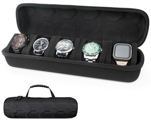HELMDY 5 Slots Watch Travel Case for Men & Women: Watch Box Organizer Case with Carry Handle, Portable Watch Storage & Travel Case, Watch Roll Fits Wrist Watches & Smart Watches