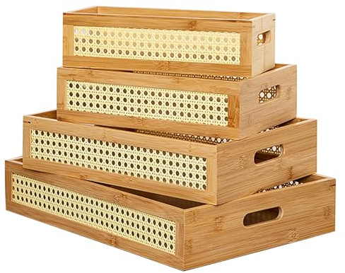 Whemyreat Juego de 4 organizadores de escritorio, cesta de ratán, cesta de madera tejida, cesta de mimbre trenzada, cesta de almacenamiento de madera con asas integradas