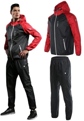 scosao Tuta da Sauna da Uomo, Tuta Sudorina con Giacca da Sauna e Pantaloni da Sauna, Anti Rip Tuta per Sudare Dimagranti Completa Felpata per Perdita di Peso Palestra Fitness Yoga Corsa,Red,L