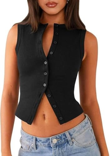 Sukiglam Débardeur Femme Ete Haut Chic et Elegant Côtelé Tricoté Crop Top Sexy sans Manches à Col V/Haut Tank Tops Slim Fit Y2K Gilet Bouton Avant Camisole Casual Tendance Streewear