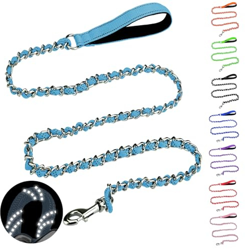 HOMIMP Chew Proof Dog Leash for Medium Large Dogs, Reflective 6 FT Heavy Duty Metal Chain Dog Leashes with Soft Padded Handle, Anti Bite Durable Rope Leashes for Pitbull, Non Chewable, Light Blue