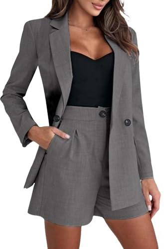 Traje de pantalón para mujer elegante de 2 piezas con pantalones cortos, traje de negocios para mujer, conjunto de manga larga y pantalones cortos de traje con bolsillo, color sólido, traje de