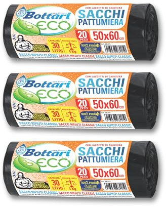 Bottari 60 Sacchi Immondizia 30L 50x60 cm con Laccetti di Chiusura, Nero, Sacchi per Spazzatura Resistenti e Riciclati, 3 Rotoli da 20 Pezzi