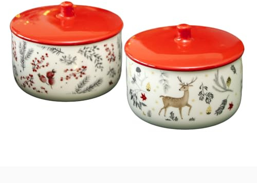 Darthome Set Of 2 Christmas Patterned Storage Jars Ceramic Xmas Reindeer Berry Red Lids