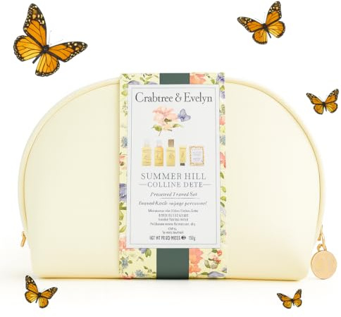 Crabtree & Evelyn Summer Hill Personal Travel Set w/ Cosmetic Bag (6 Pieces)' 90ml Shower Gel, Body Lotion, 25g Hand Cream, 10ml Body Mist, 100g Soap with Yellow Travel Bag