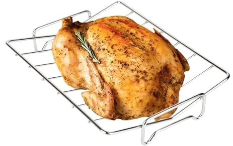 Kalkon-stekgaller – 33 x 25,4 x 5,6 cm rostfri stålgrill | kycklingribbställ av metall | För grillning i ugn, camping, utomhus, inomhus, grillning, matlagning, kött, fjäderfä, fläsk