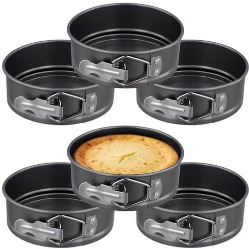 HONYUET Set med 6 fjäderformar liten, 12 cm mini bakform rund nonstick kolstål svart med platt botten, kakform små bakformar för ostkakor och desserter