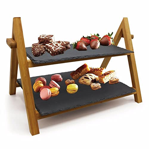 2 Tier Slate Cake Stand Wedding Tiered Serving Display Stand Food Antipasti Tapas Sushi Appetizer Cheese Boards Platter Bamboo VanGogh (1pc)