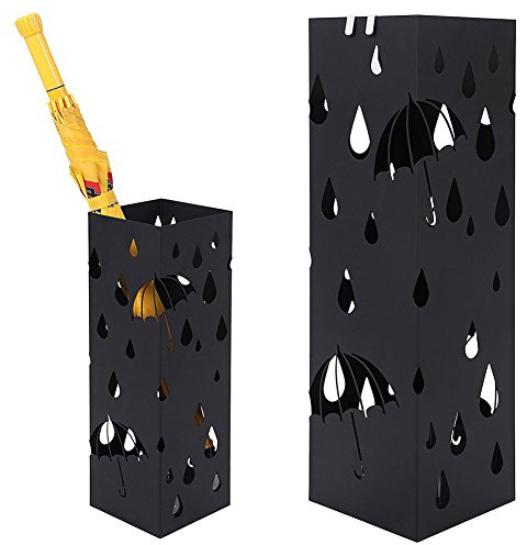 BAKAJI Portaombrelli Stand in Ferro Design Porta Ombrelli Forma Quadrata Colore Nero con Decorazione Intarsio Ombrelli e Gocce Vaschetta Salvagoccia e Ganci Ombrelli Pieghevoli - 49 x 15 x 15 cm