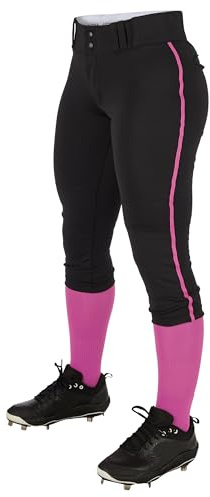 CHAMPRO Tournament Traditional Low Rise Softball Pant with Contrast-Color Braid Piping, Girls' Medium, BLACK,PINK