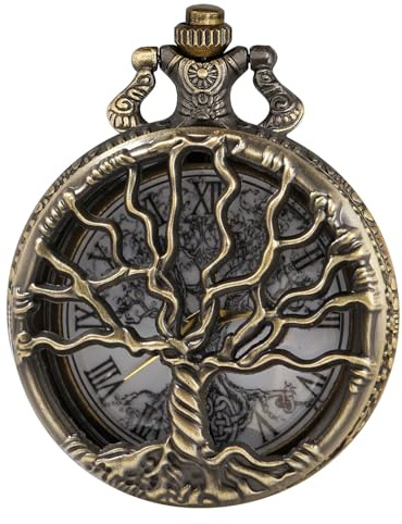 Tiong Tree of Life Pocket Watch Vintage Quartz Men's FOB Pocket Watches with Chain