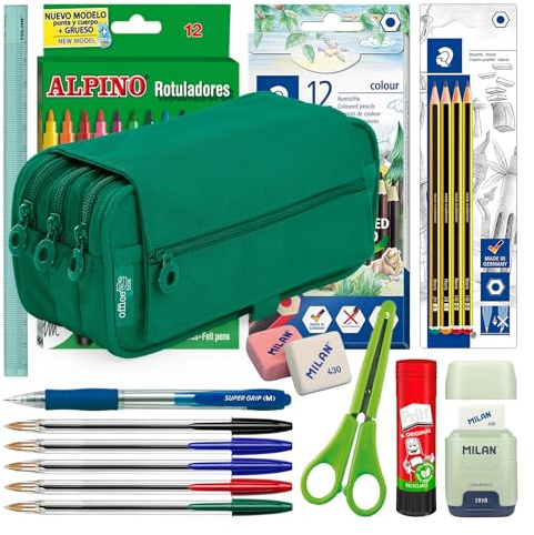 ColePack Set med tre skolmapp med 3 dragkedjor och skolmaterial från toppmärkena ingår (grön)
