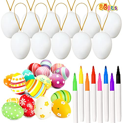 80 Pcs White Plastic Easter Eggs with 8 Paint Markers, DIY Hanging Craft Eggs for Adult Art Projects, Holiday Decoration & Creative Home Design