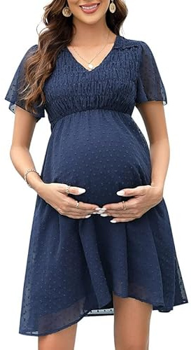 Clearlove Robe de grossesse d'été en mousseline de soie à pois suisse à manches courtes pour femme
