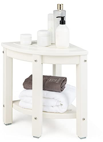 COSTWAY Taburete de Ducha de Esquina, Banco Impermeable de Baño con Estante de Almacenamiento de Madera, Asiento Bañera Adulto para Ducha para Uso en Interiores y Exteriores (Diseño 9)