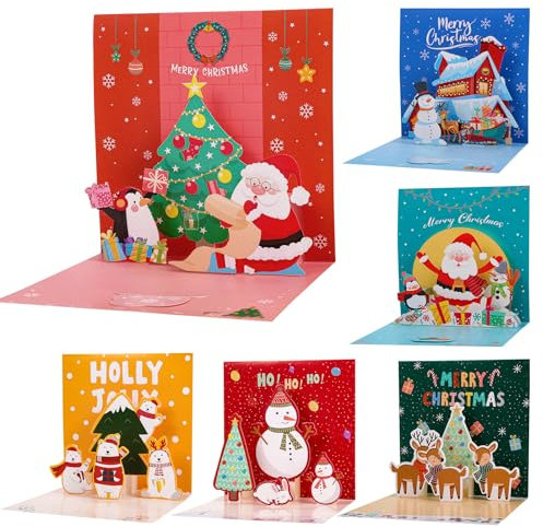 HOWAF 6 Stück Pop Up Weihnachtskarten mit Umschlag Set, Pop Up Weihnachtskarte Pop Up Karte Weihnachten Weihnachtskarten 3D Weihnachtspostkarten Grußkarten Weihnachten Deko für Party Supplies