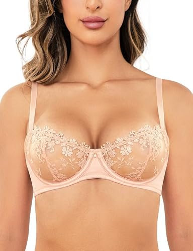 Wingslove Damen BH mit Bügel Floraler Spitze BH Weiche Sexy Durchsichtiger BH Balconette Lace Bra ohne Gepolster （Rosa Nude, 85C