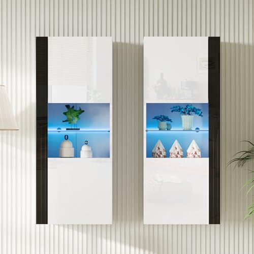 AMERLIFE Wall Storage Cabinets with LED Lights, Modern High Gloss Hanging Cabinets with 4 Closed Doors & Open Glass Shelves, for Living Room/Bedroom/Office, White(Set of 2)