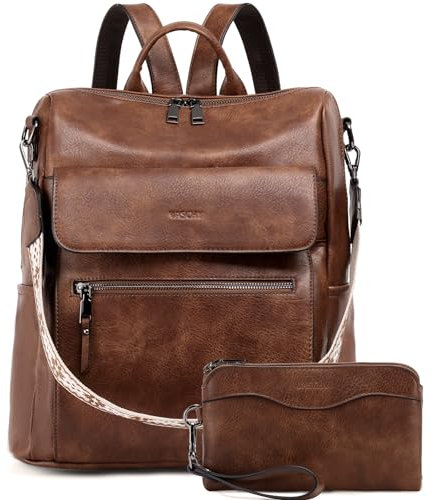 VASCHY Backpack for Women, Large Vegan Leather Rucksack with Wallet Set Convertible Handbag for Lady Guitar Strap