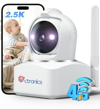 Ctronics 2.5K 4G Caméra Surveillance Intérieure avec Carte SIM, 4MP QHD, 360° PTZ, Accès à Distance PC et Appli, 8 Positions, Suivi Auto, Vision Nocturne Couleur, Audio Bidirectionnel, FTP/Cloud
