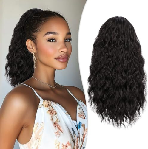 RUWISS Posticci per Capelli di Coda di Cavallo Riccia per Donne nere, 40cm Nero Marrone Afro Kinky Sintetico Ponytail Estensione per Uso Quotidiano di Partito
