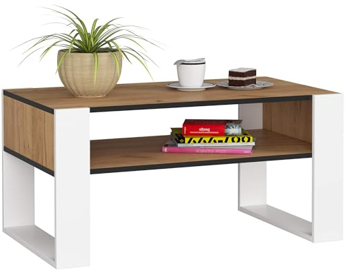 AKORD | Tavolino da Salotto in Legno - DOMI | Tavolo da Caffè con gambe un Ripiano | Coffee Table | Tavolini Basso Moderno | Arredamento Casa | 92 x 45 x 53 cm | Rovere Craft & Bianco Frontale