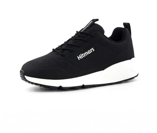 Hitmars Chaussures de Running Femme Chaussures de Sport Chaussure de Course Basse Légères Respirant Lacets Antidérapant PU Coussin d'air Noir-Blanc EU40