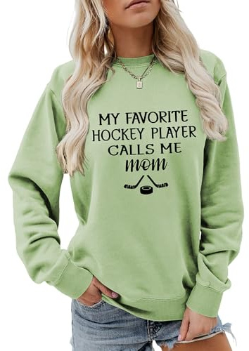 MLZHAN Kvinnor hockey sport sweatshirts min favorit hockeyspelare Calls Me Mom tröja mors dag vardaglig mamma tröja