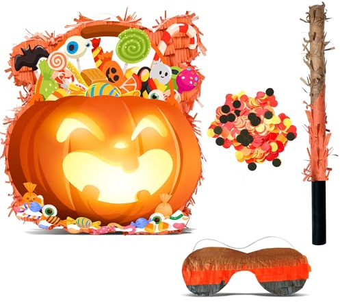 Halloween Pinata Fournitures de Fête -Piñata d'Halloween Décorations Inclure Piñata Citrouille, Bâton de Piñata et Masque de Fête - pour Décorations de Fête d'Halloween