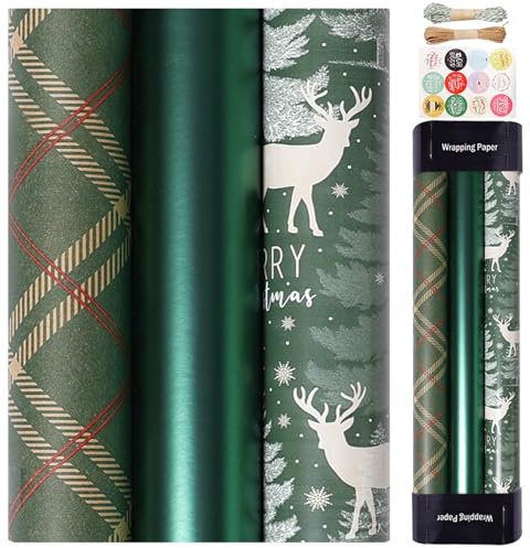 Julpapper, 3 st julomslagspapper rullar 43 x 300 cm kraftinslagning med randiga rutiga mönster skärbar gör-det-själv för, rulle