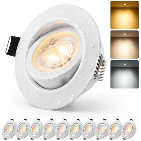 HOMEOW Spot Led Encastrable Salle de Bain Dimmable Blanc Orientable Extra Plat Trou 68mm - 80mm IP44 6W 230V, Spot de Plafond pour Cuisine Salon Chambre, Blanc Chaud/Neutre/Froid Réglable, Lot de 10