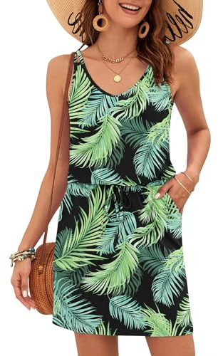 AUSELILY Women's Summer Spaghetti Strap Mini Dress Drawstring Waist Pockets | Sleeveless Strap,V-Neck,Elastic Drawstring Waist,Breathable Soft Fabric,Great For Beach Vacation or Daily Wear Sundress