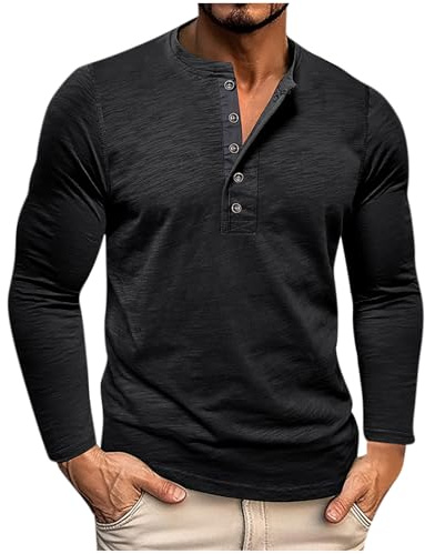 Générique Henley Tee Shirt Homme Manches Longues T-Shirts Coton Tshirt Couleur Unie Teeshirt Regular Fit Pyjama Casual Pyjamas d'extérieur Habit Sport Hauts Fitness Vetements Noir XL