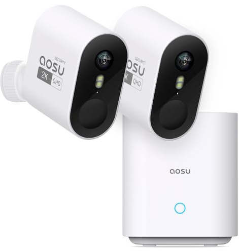 aosu 2K Caméra Surveillance WiFi Extérieure Intérieur sans Fil, Kit 2 Caméras avec aosuBase, sans Abonnement, Autonomie Jusqu’à 240 Jours, Audio Bidirectionnel Nuit en Couleur, Alerte Al Détection