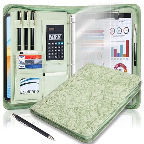 Leathario Portfolio Folder A4, Vegan Leather 4-Ring Document Folder Organiser, Includes 10 Clear Sheet Protectors and a Pen, Multi-Pocket Travel Document Holder, Office Supplies
